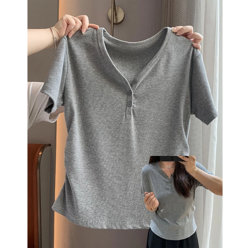 大码200斤时尚百搭小排扣v领正肩短袖t恤女夏季休闲百搭显瘦上衣