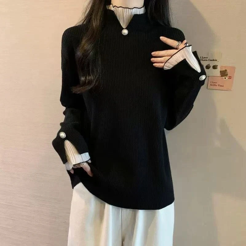 大码高级感雪纺拼接假两件半高领针织打底衫女士秋冬内搭显瘦毛衣