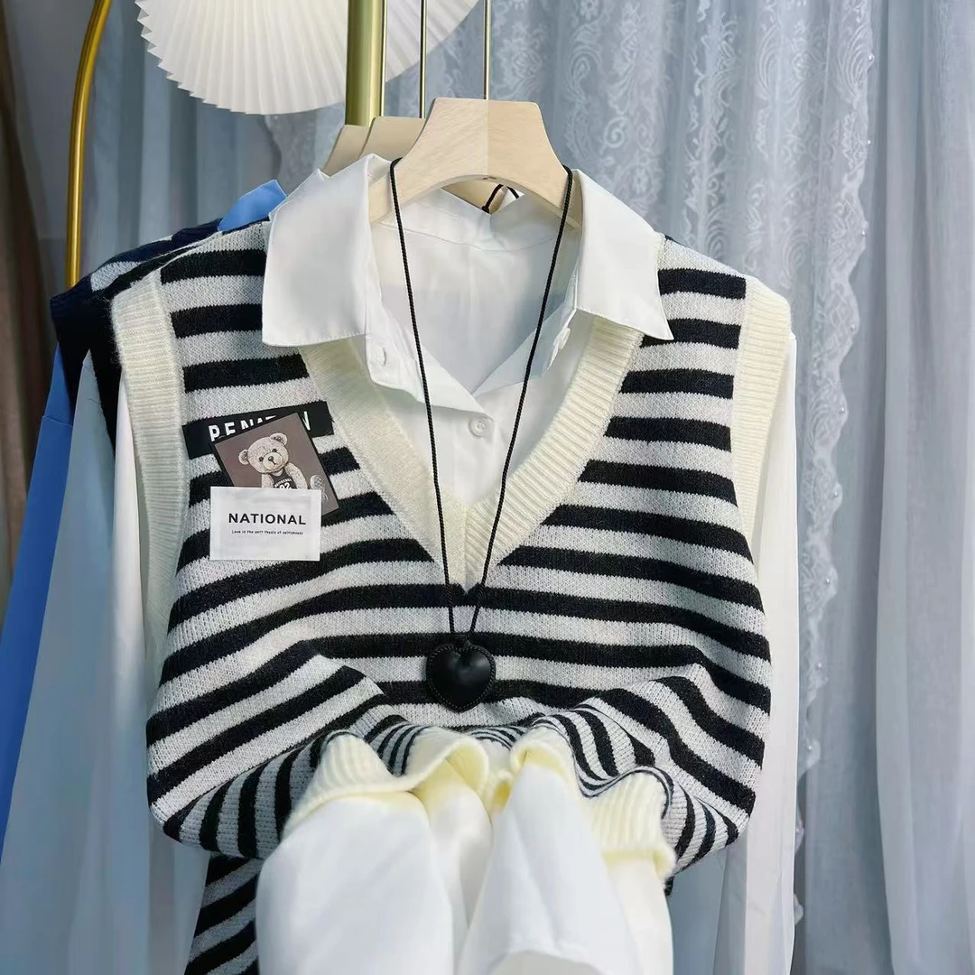 韩版减龄撞色条纹针织马甲背心衬衫套装女2025春季新款时尚两件套