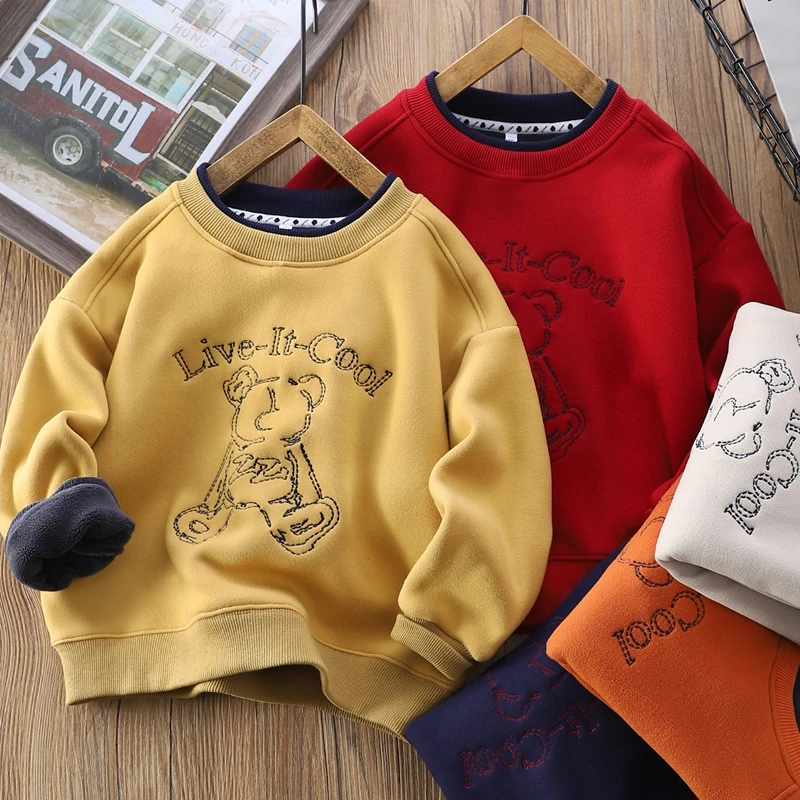 男童刺绣熊加绒卫衣秋冬季新款中大童假两件圆领百搭上衣6957