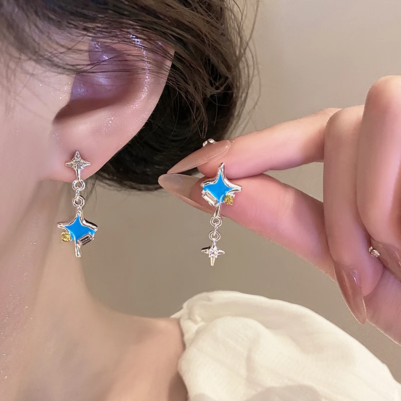 合金耳饰 时尚精致甜酷风蓝色芒星耳环女小众设计感星星耳钉耳饰