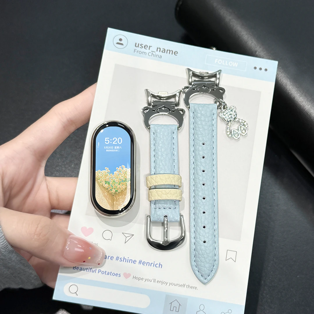 uososo适用小米手环10表带小熊皮质针扣小米手环9/8/7软皮腕带