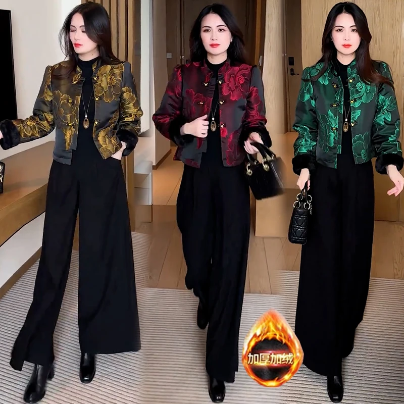 新中式上衣女装短外套女2025冬季新款洋气显瘦保暖提花夹棉外套潮