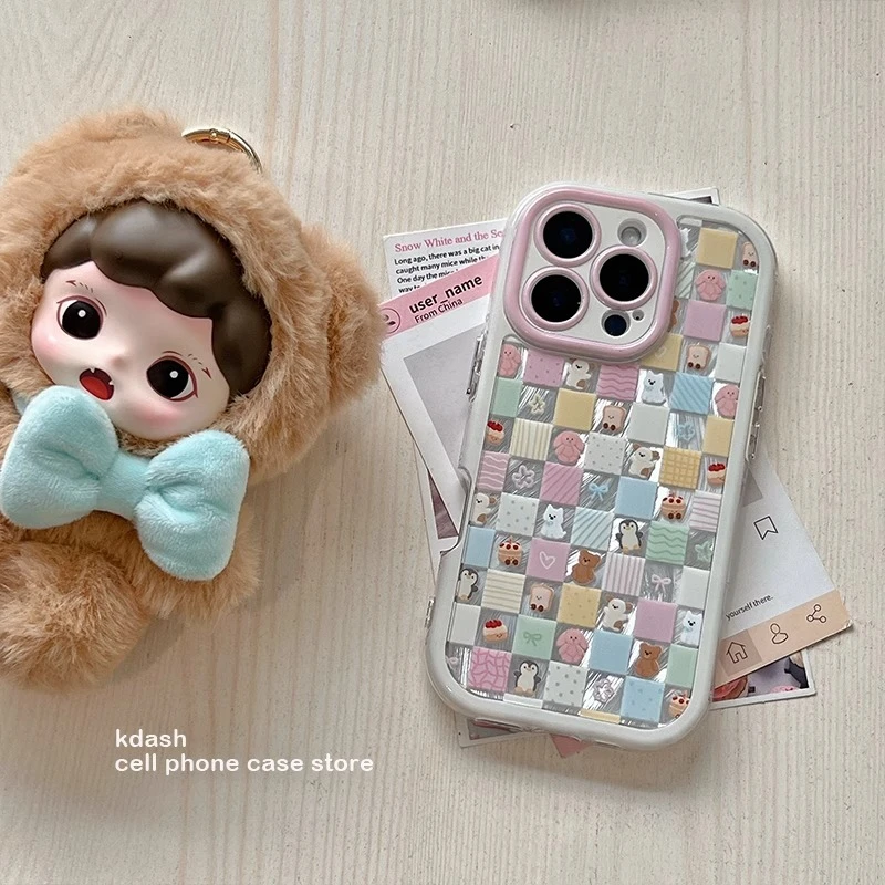 格子动物羽纱手机壳适用苹果16可爱华为新款vivo小米OPPO硅胶全包