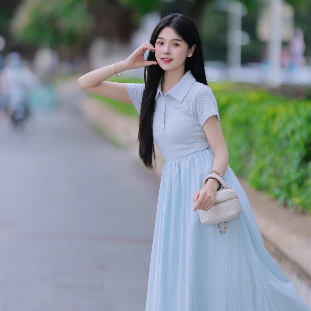 小文【琉璃海】夏季新款小个子设计感中长款拼接连衣裙Polo领休闲风