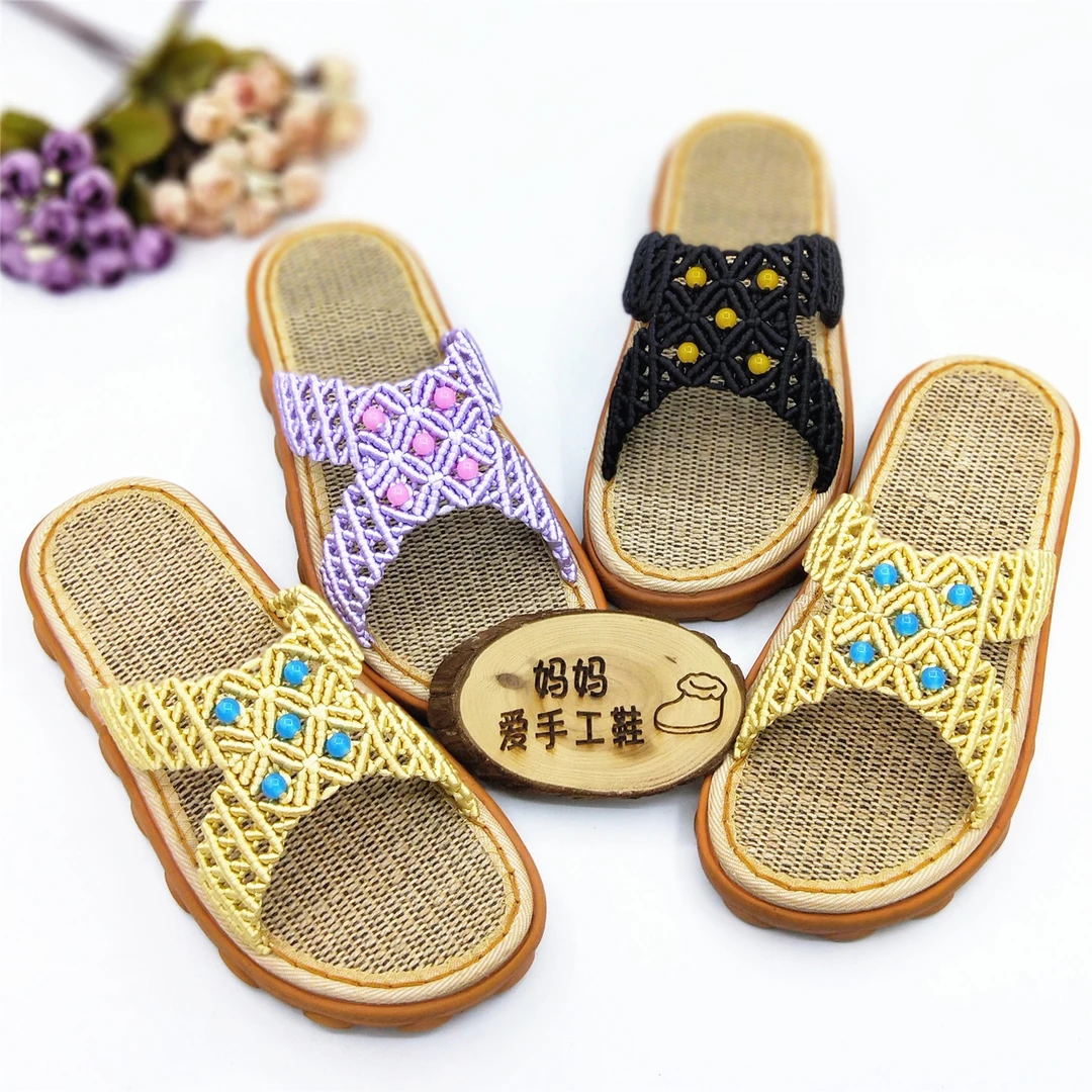 孺子牛新款夏季防滑凉拖鞋吸盘亚麻底材料手工勾编织钩针中国结线