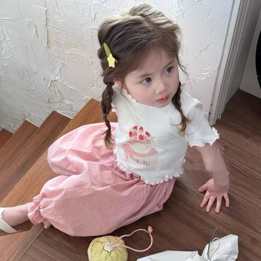 22183女童夏季卡通套装幼儿园中小童女宝宝洋气吸汗棉T恤七分裤
