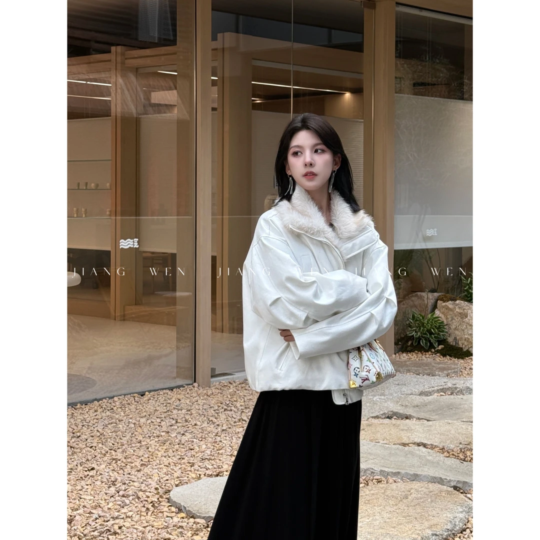 【冰岛蓝】姜雯 藏青色廓形拼接毛领保暖夹棉夹克派克服