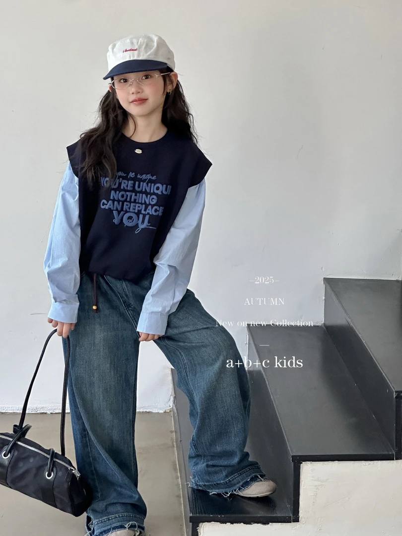 秋季女童装宽松假两件卫衣拼接衬衫袖上衣