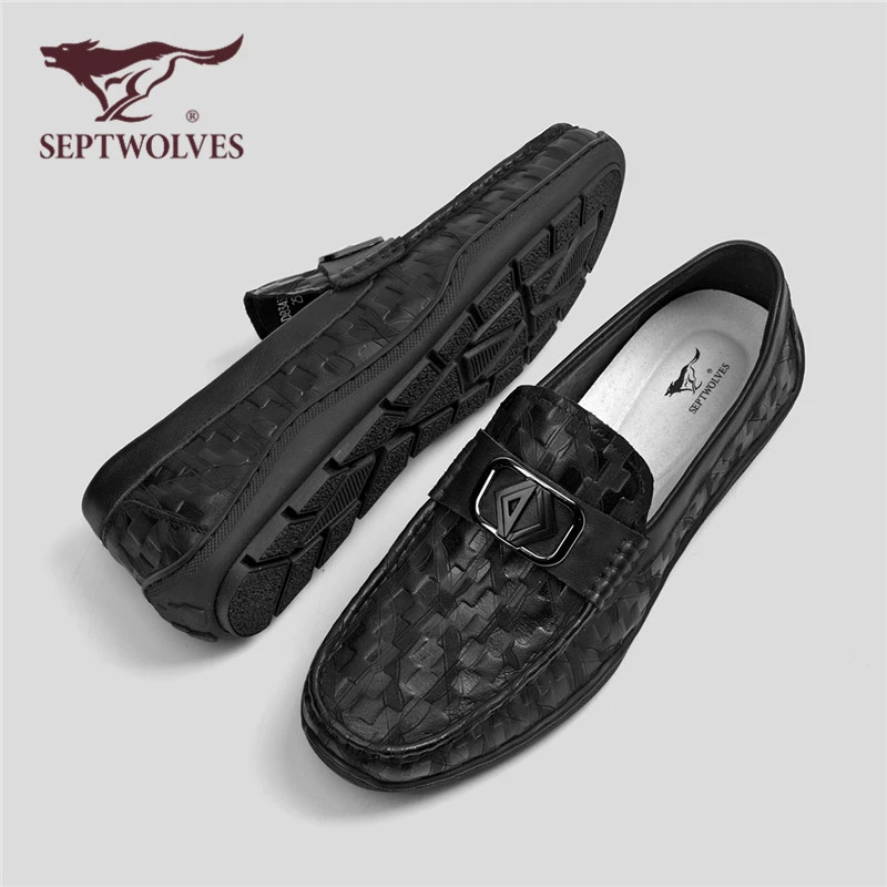 七匹狼官方正品真皮豆豆鞋男秋季新款男休闲皮鞋一脚蹬黑色乐福鞋