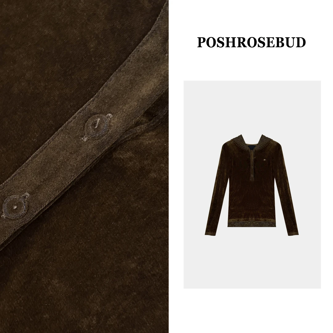 POSHROSEBUD设计师秋季连帽蕾丝花边套头休闲丝绒上衣衫-259605