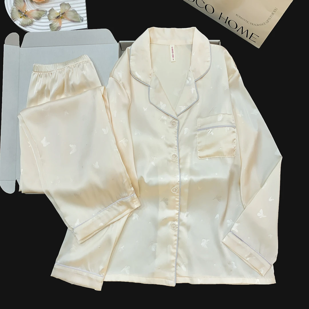 【杏色压花小蝴蝶星星】长袖长裤带胸垫睡衣女春秋季休闲家居服套装