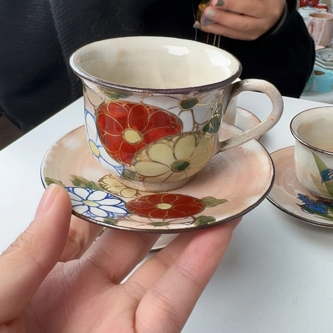 瓷片九谷烧贵菊杯碟套装容量90ml