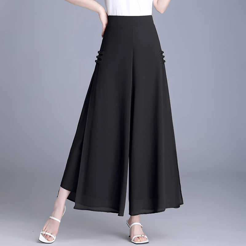 国风雪纺裙裤阔腿裤女九分裤2025年夏季薄款宽松垂感开叉休闲裤子