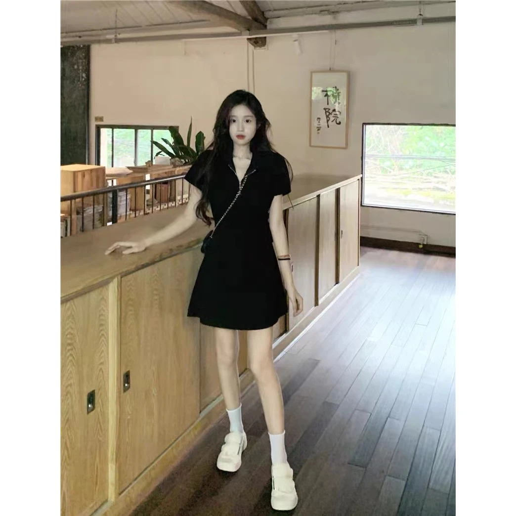 莲叶粉色运动风裙子领连衣裙夏季抽绳收腰显瘦字短裙法式纯欲风