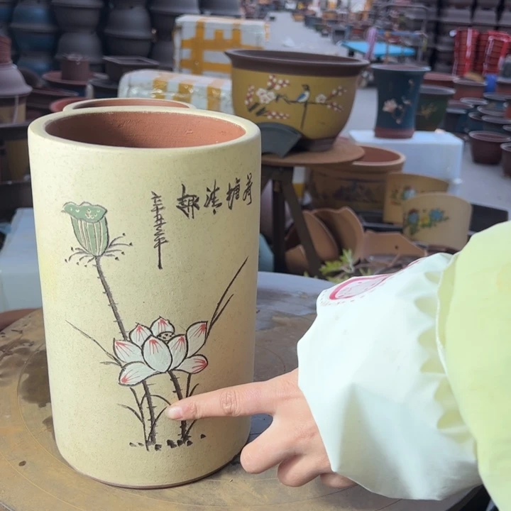 紫砂平**慈宜兴紫砂花盆精品白荷花笔筒一套