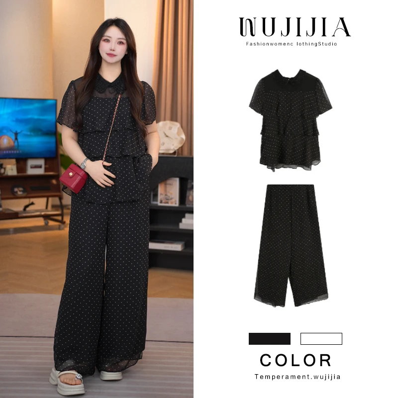 五季家大码女装夏季气质波点套装黑色上衣+长裤两件套ZL108635