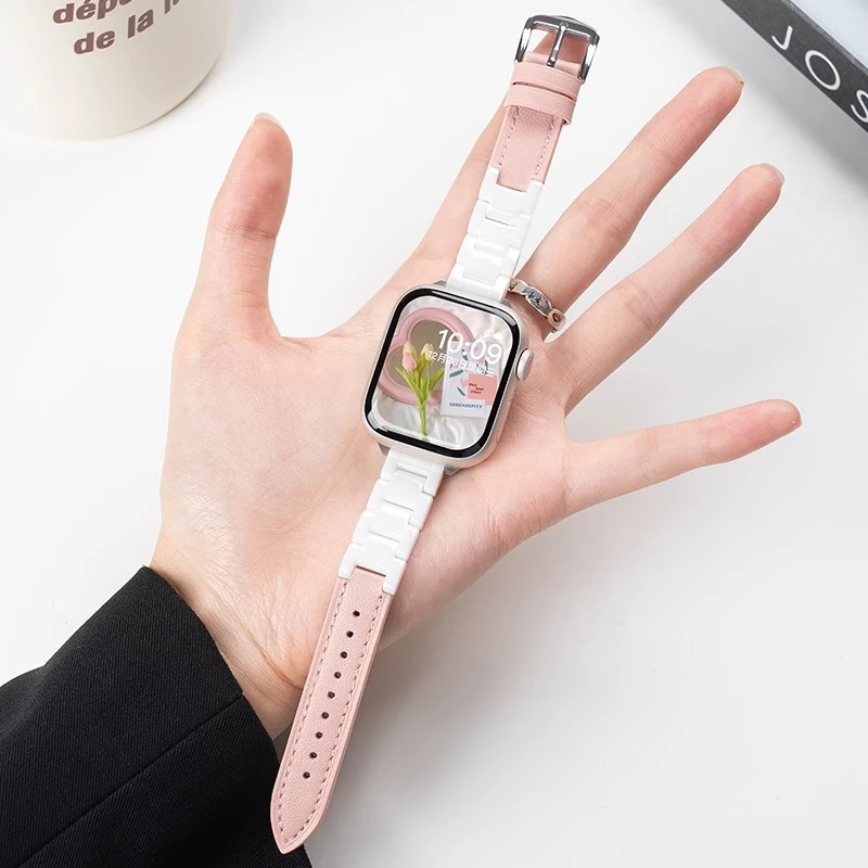 适用苹果S9手表8表带applewatch9高级感S10创陶瓷拼真皮S7SE710s6
