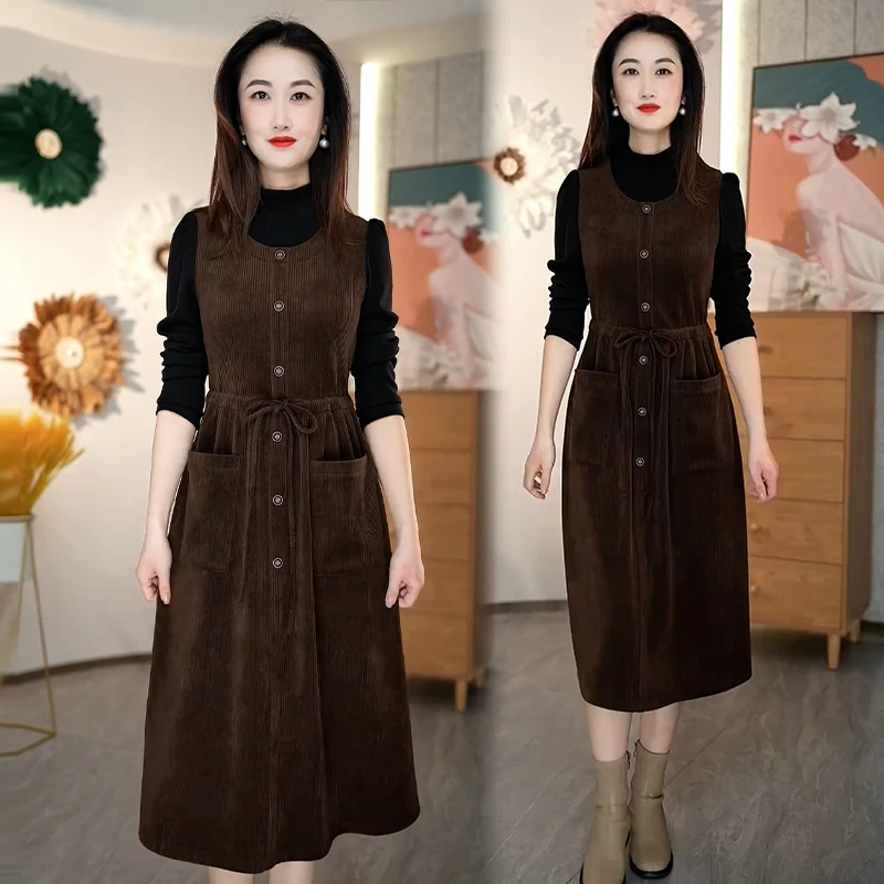 设计感假两件连衣裙女2026年春秋季新款时尚收腰显瘦拼接中长裙潮