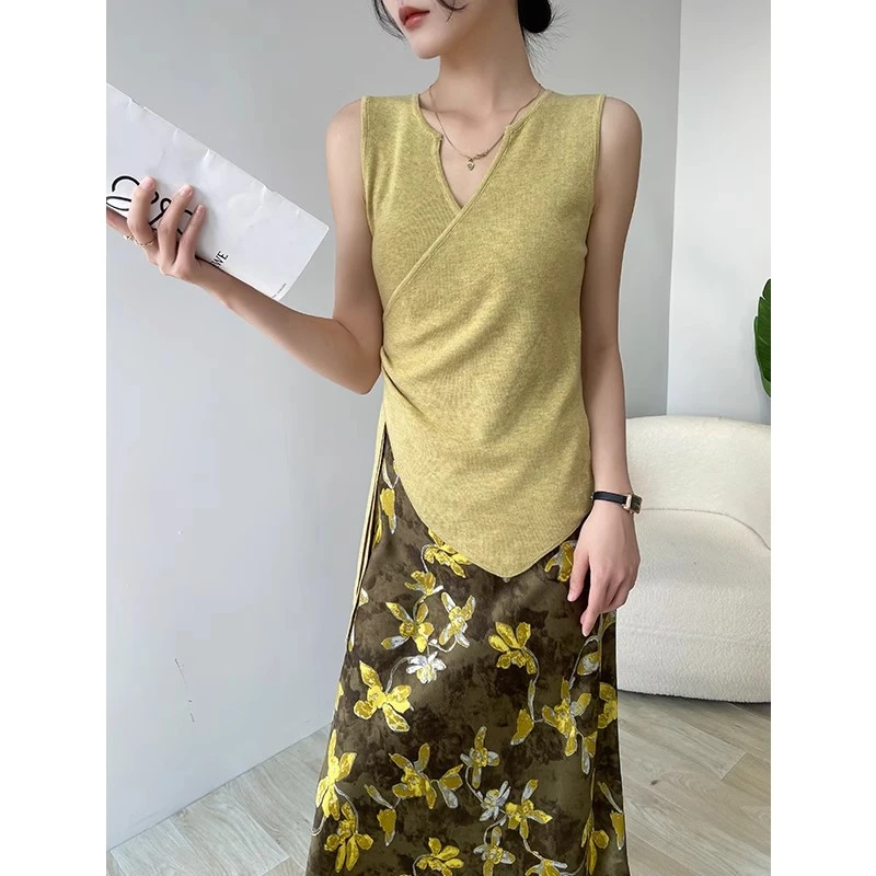 时尚套装女2025新款夏季不规则针织背心印花半身裙a字显瘦两件套