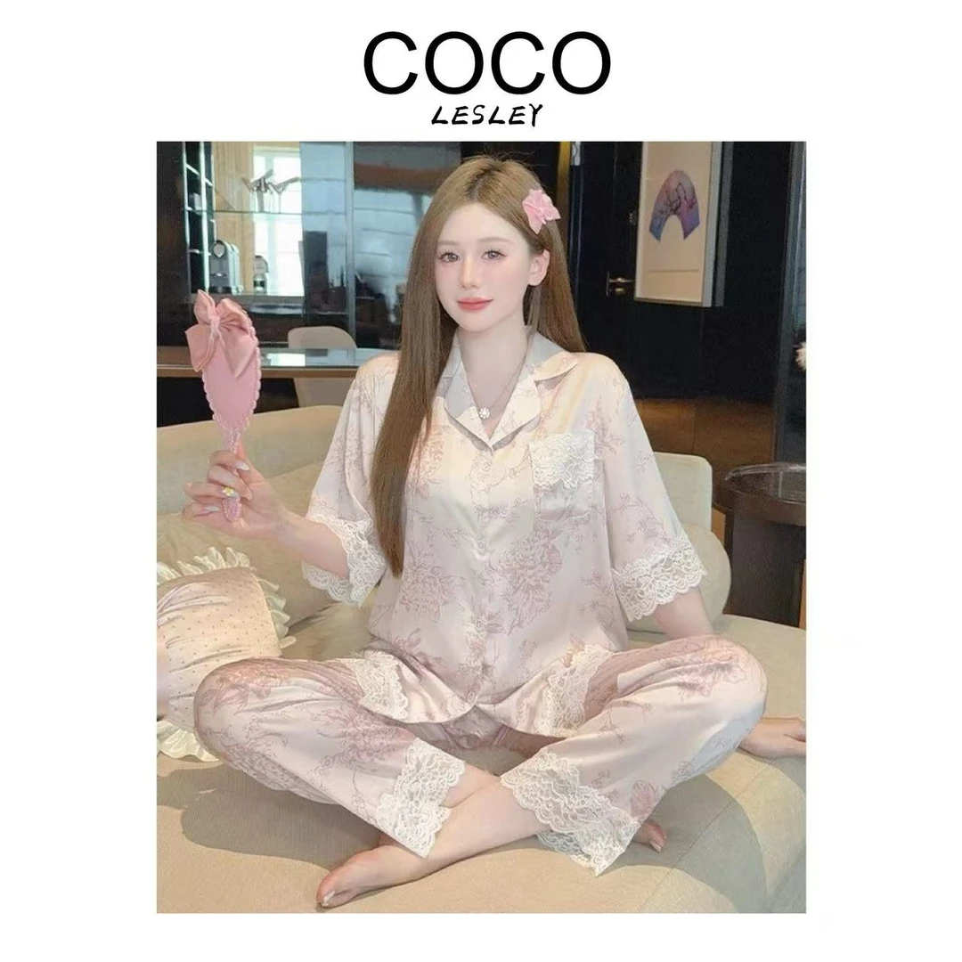 【COCO LESLEY】冰雪丝睡衣女秋季短袖长裤花卉蕾丝轻奢家居服套装