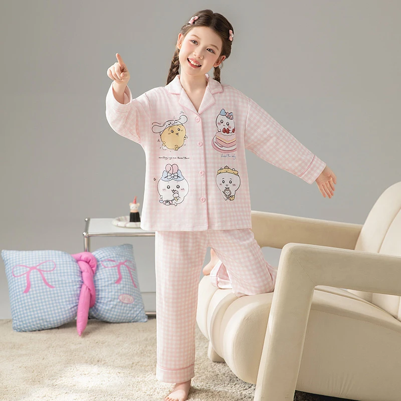 秋季纯棉儿童睡衣中大童长袖休闲开衫家居服女童宽松套装亲子装秋