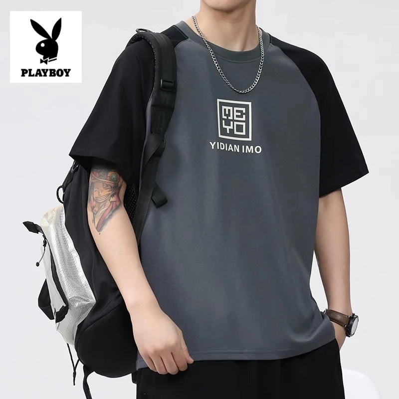 花花公子夏季潮流拼色短袖T恤男士宽松休闲圆领印花半袖T恤男款潮