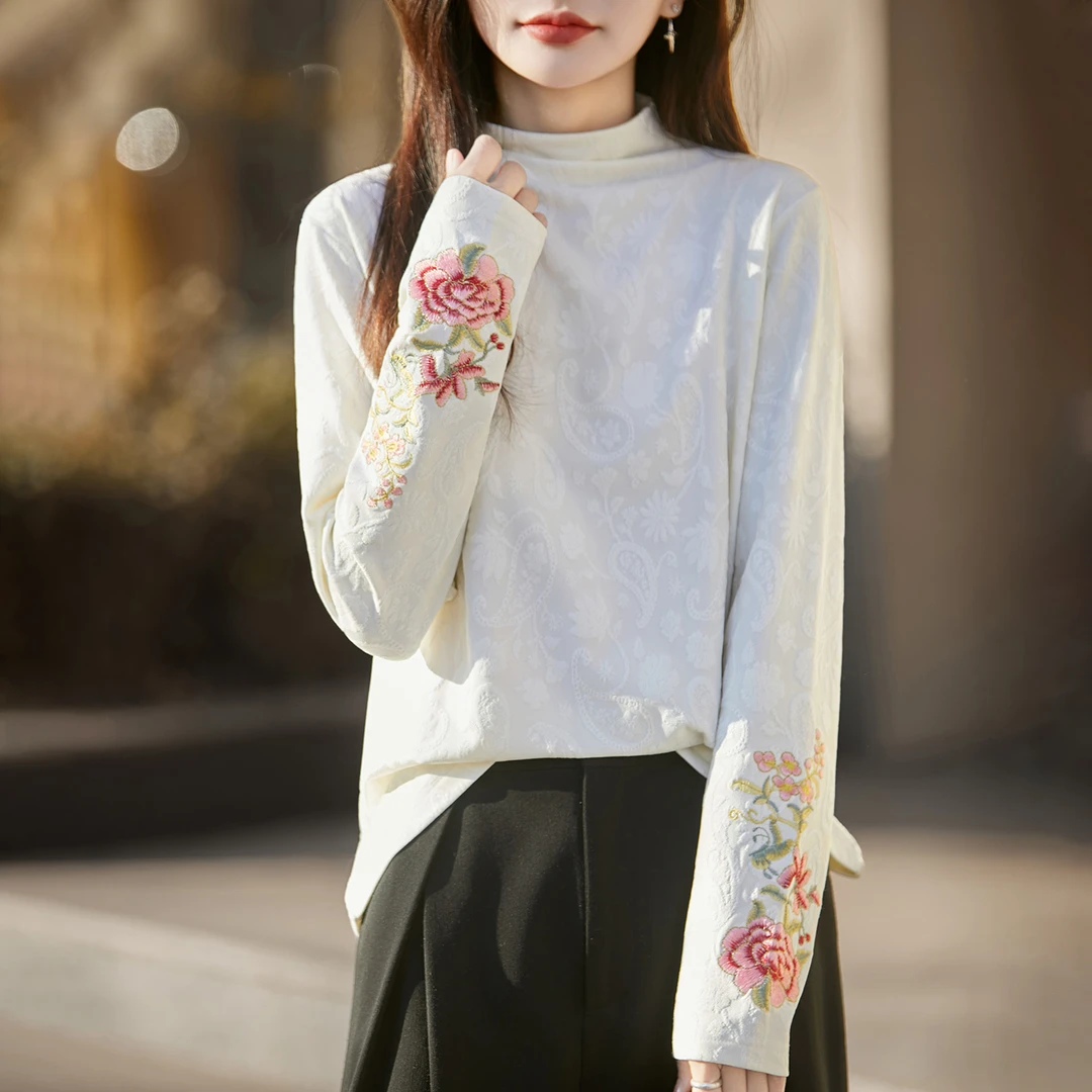 哥弟阿玛施正品国风半高领刺绣加绒针织衫复古时尚保暖百搭羊毛衫