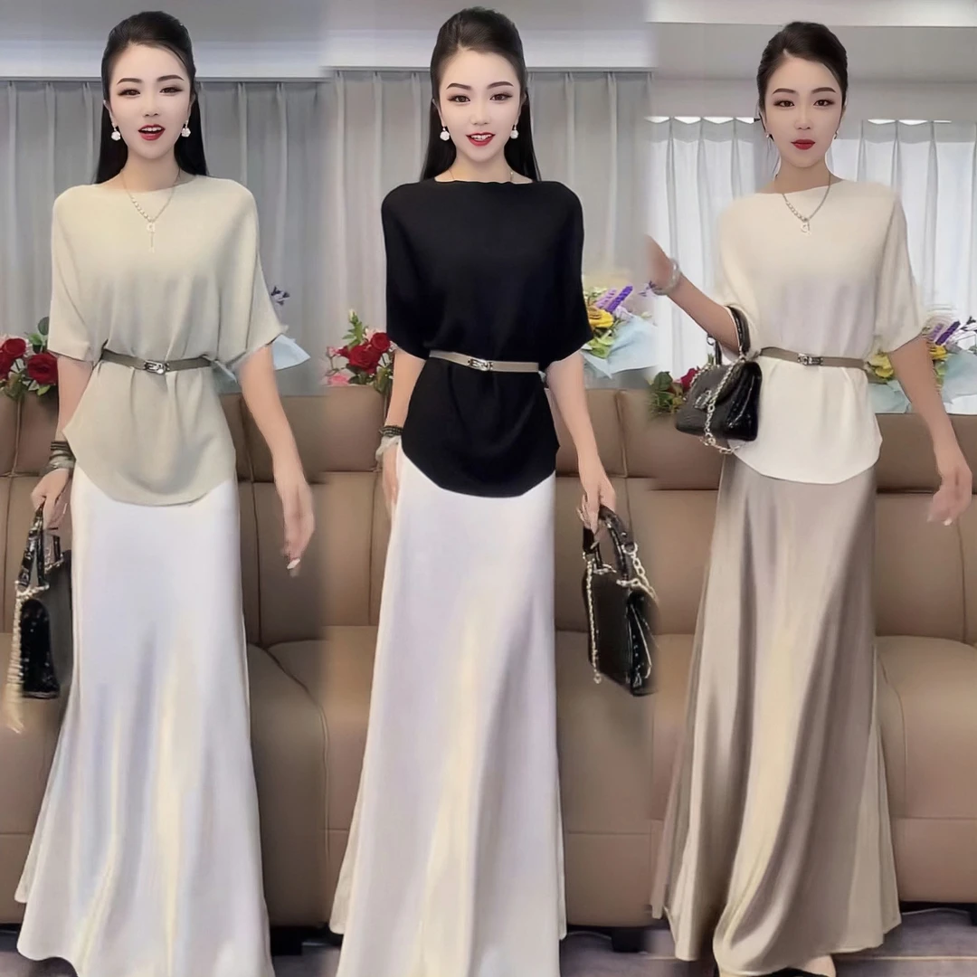 网红夏季圆领冰丝宽松显瘦气质时尚名媛女神范百搭上衣配腰带8808