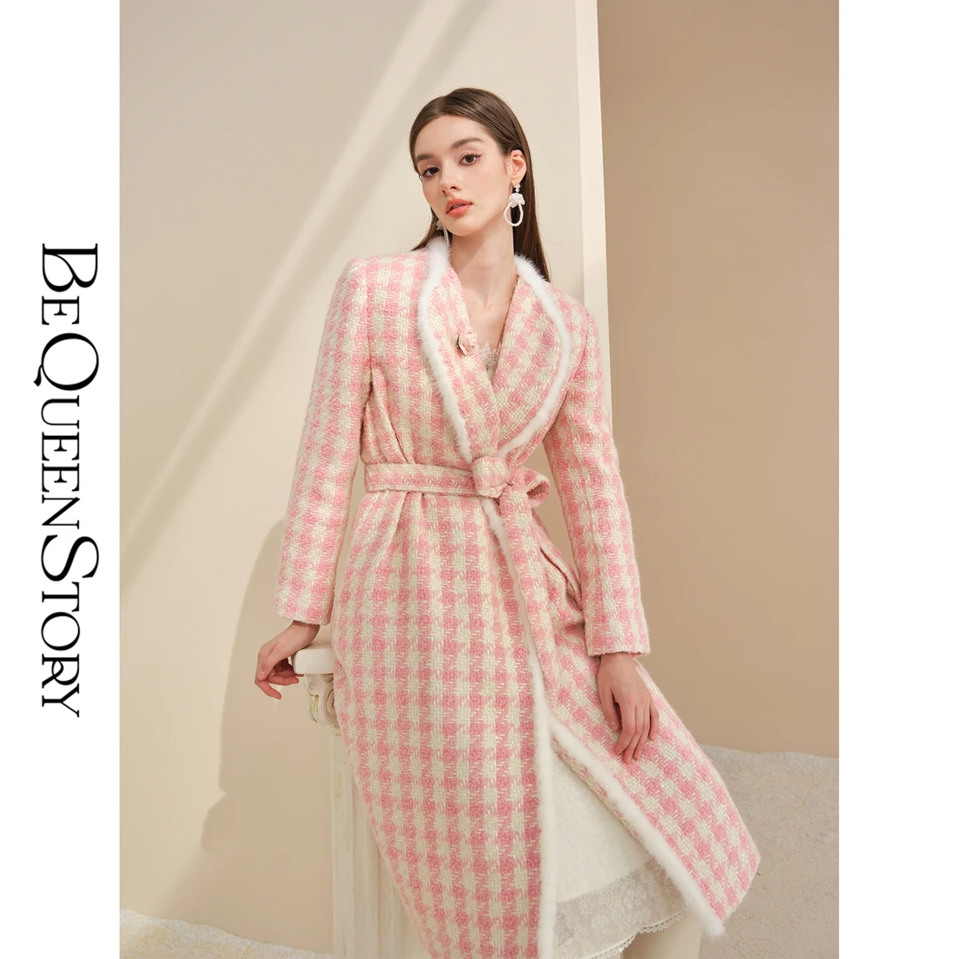 余潇潇【冬日百利甜】粉色格子冬季长款羊毛拼接貂毛大衣