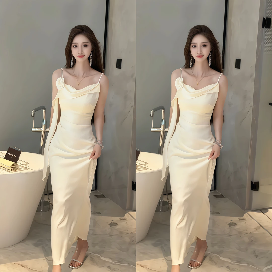 上新高腰无袖常规气质吊带轻奢法式连衣裙名媛显瘦夏季不规则长裙