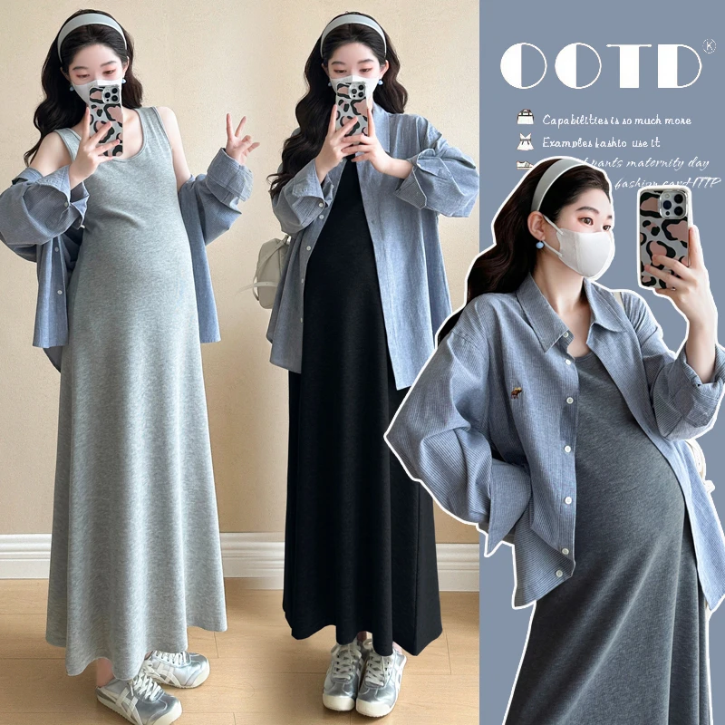 孕妇大码春秋显瘦法式气质背心连衣裙韩版宽松落肩袖条纹衬衫套装