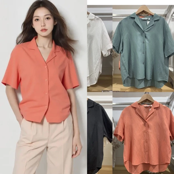 夏新款开领宽松短袖衬衫休闲衬衣上衣女K475651