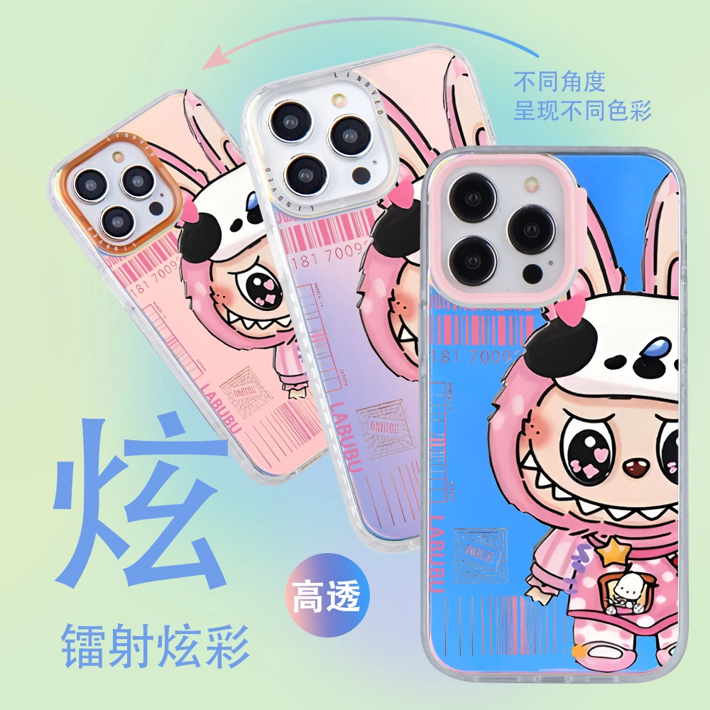 卡通透明镭射手机壳适用苹果女16PM华为Mate硬壳散热磨砂防摔可爱