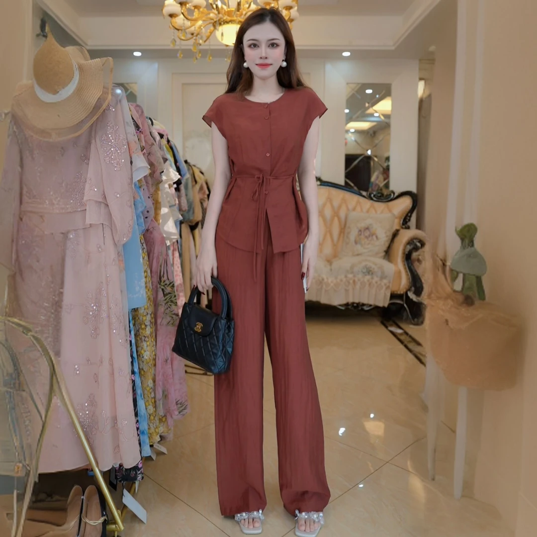 【厂家直销】轻通勤圆领松弛感显瘦无袖上衣长裤两件套