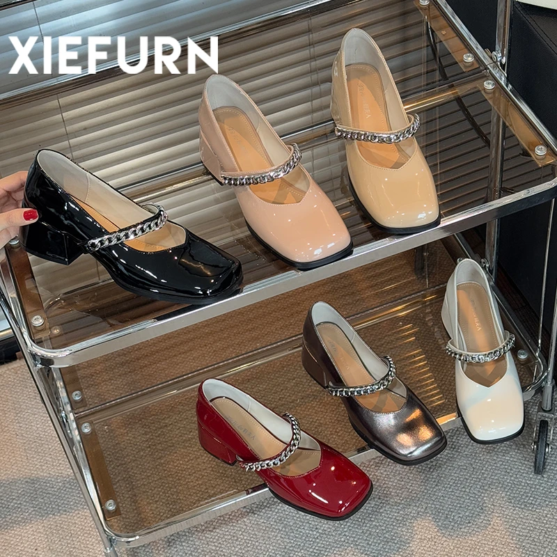 XIEFURN/鞋夫人法式复古玛丽珍2025春夏新款一字带金属链条小皮鞋