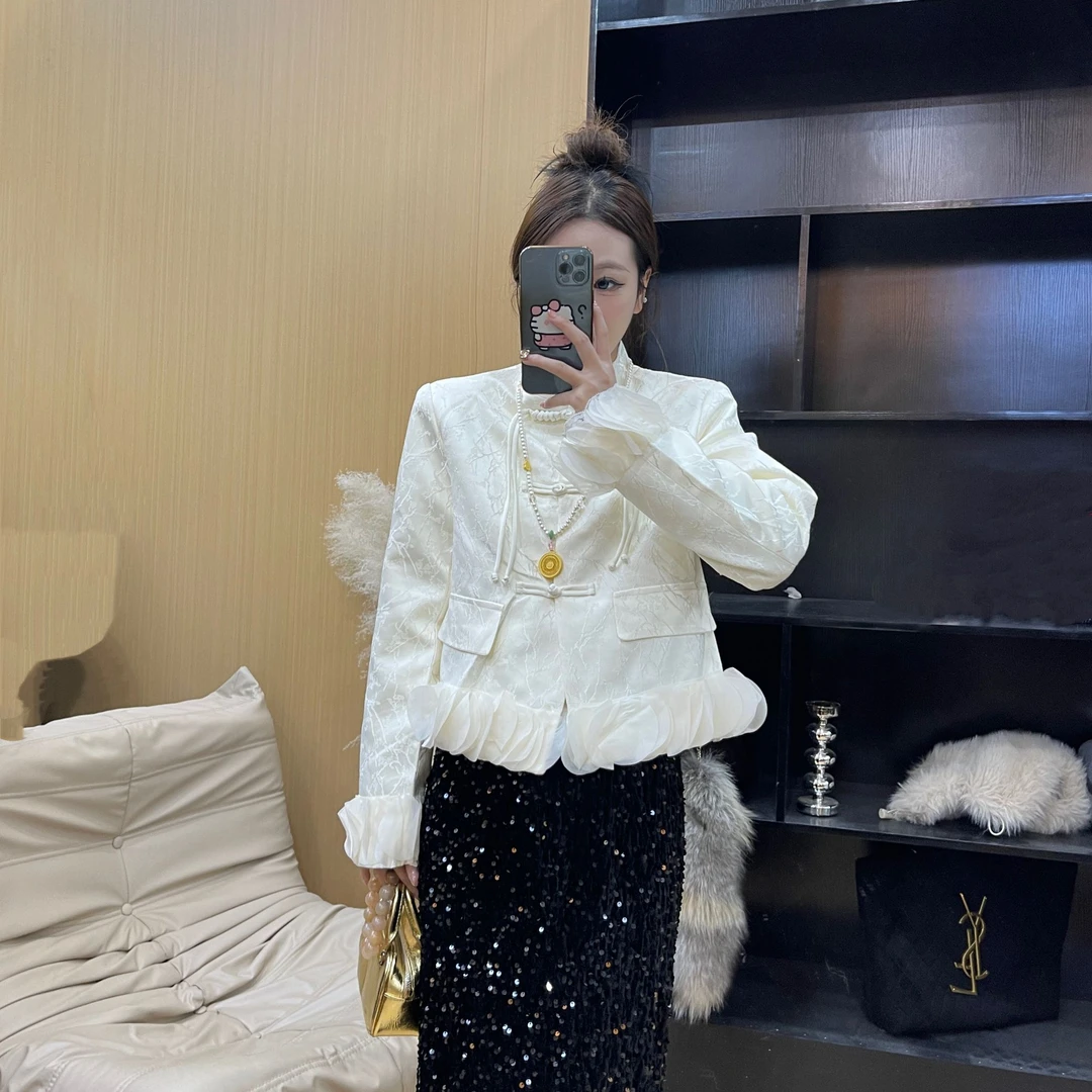 新中式复古国风新款气质时尚设计师拼接花边立领盘扣外套