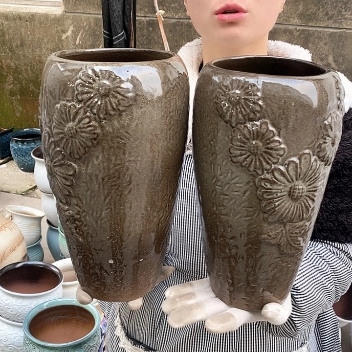 红泥花盆瑕疵口13高27