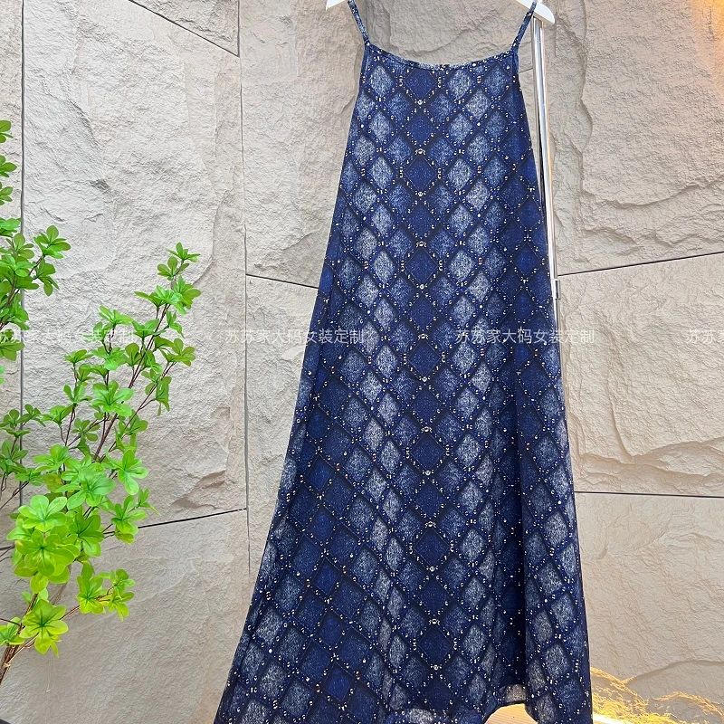 (QQ)152#1549-蓝色青花吊带-F/天青色菱形格子提花吊带连衣裙