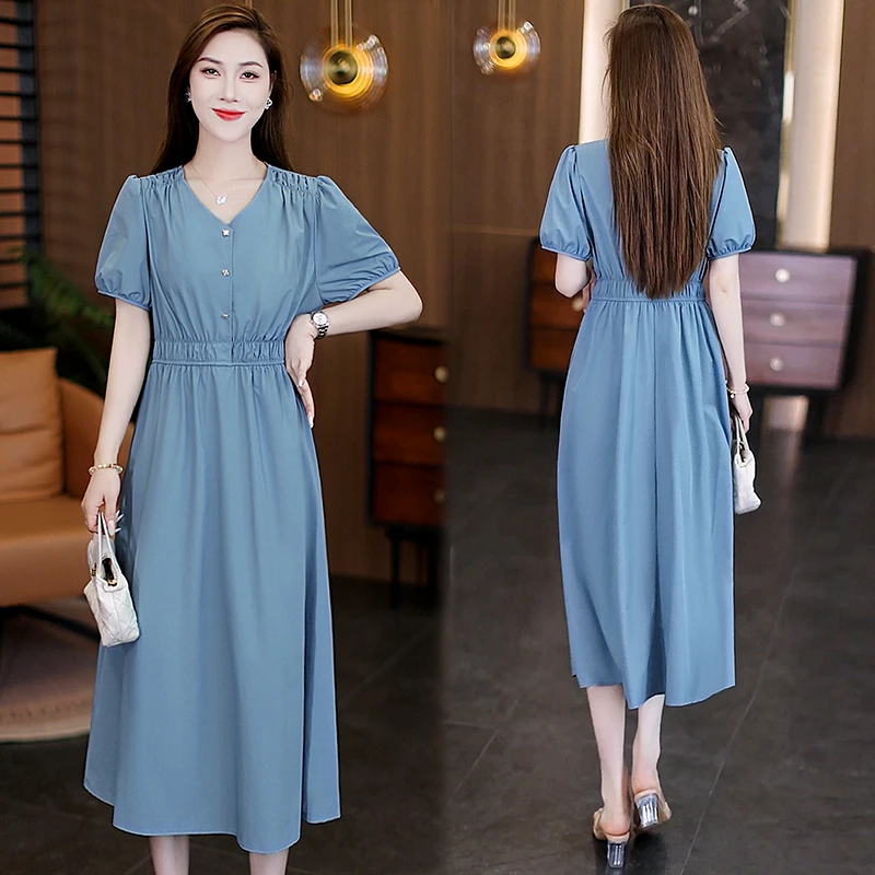 夏季法式纯色收腰V领连衣裙2025女装新款妈妈宽松显瘦短袖长裙子