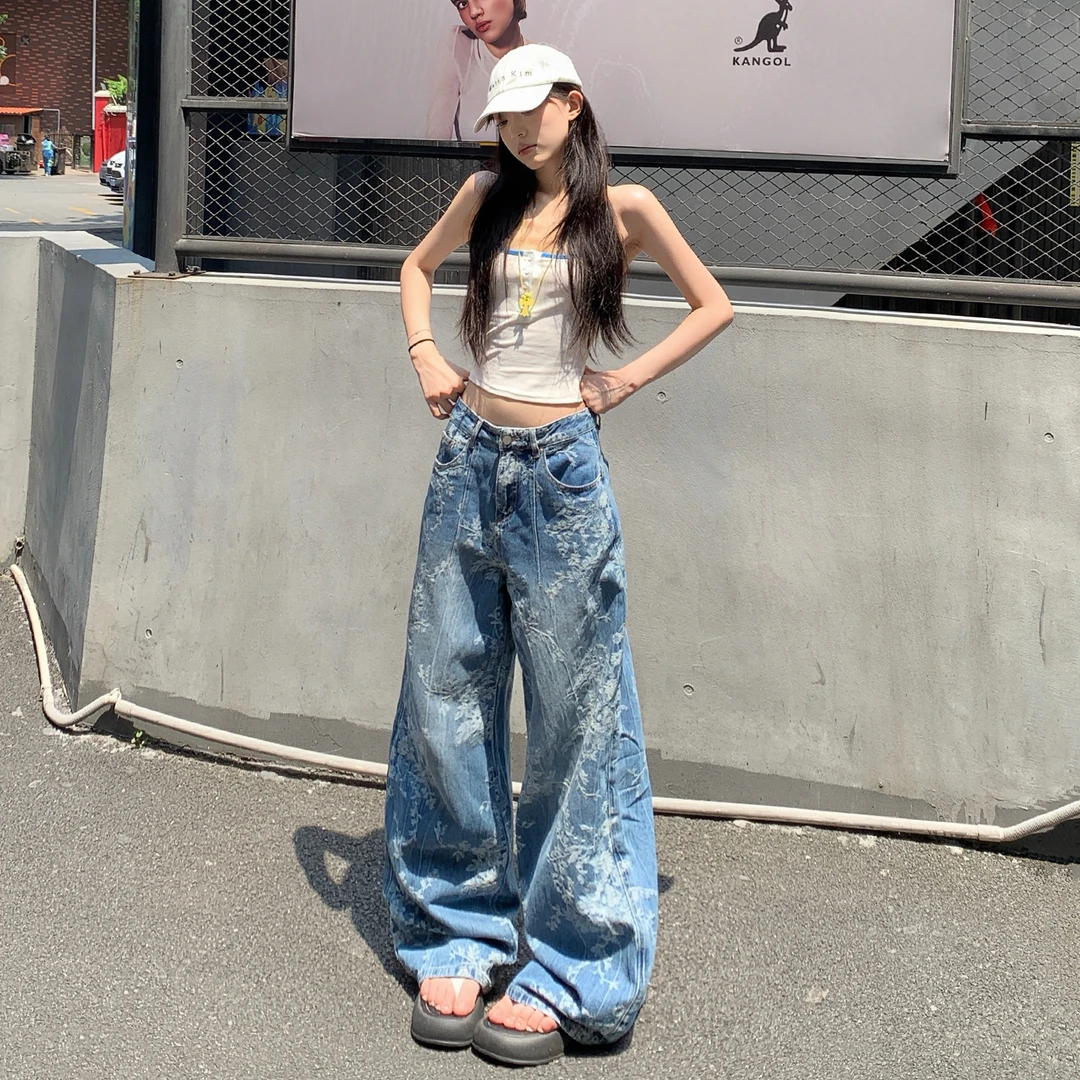 美式复古｜小众提花设计｜宽松阔腿牛仔裤女青花蓝2025秋季新款