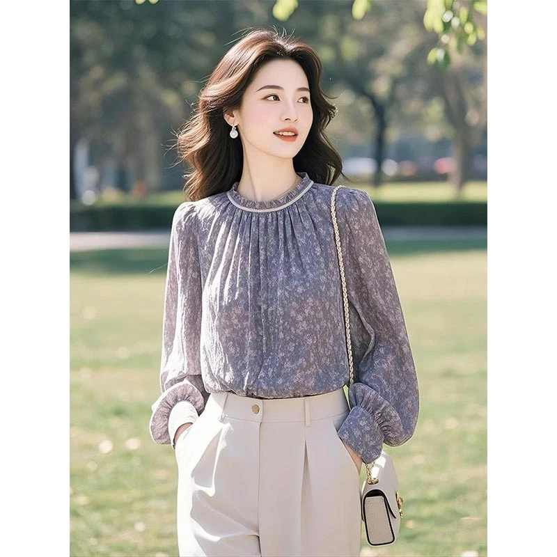 香朵儿法式复古风紫色碎花衬衫女2025夏季新款慵懒风小众百搭上衣