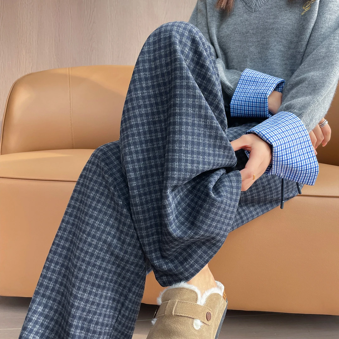 复古毛呢格子阔腿裤女秋冬2025新款高腰宽松显瘦休闲直筒拖地裤子