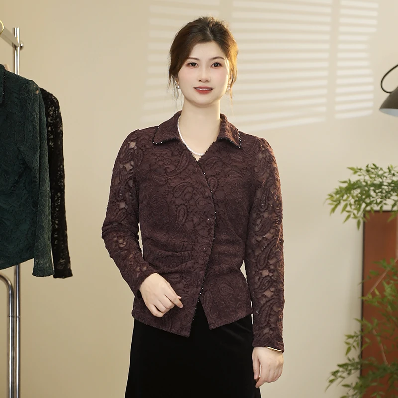 蕾丝翻领长袖T恤女装2025秋季新款洋气衬衫领开衫上衣显瘦打底衫