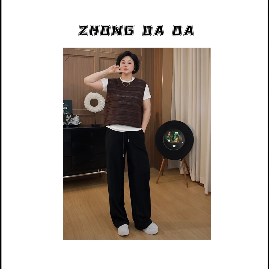 ZHONG大大【】高腰直筒阔腿裤2025新款抽绳松紧腰休闲裤女50653