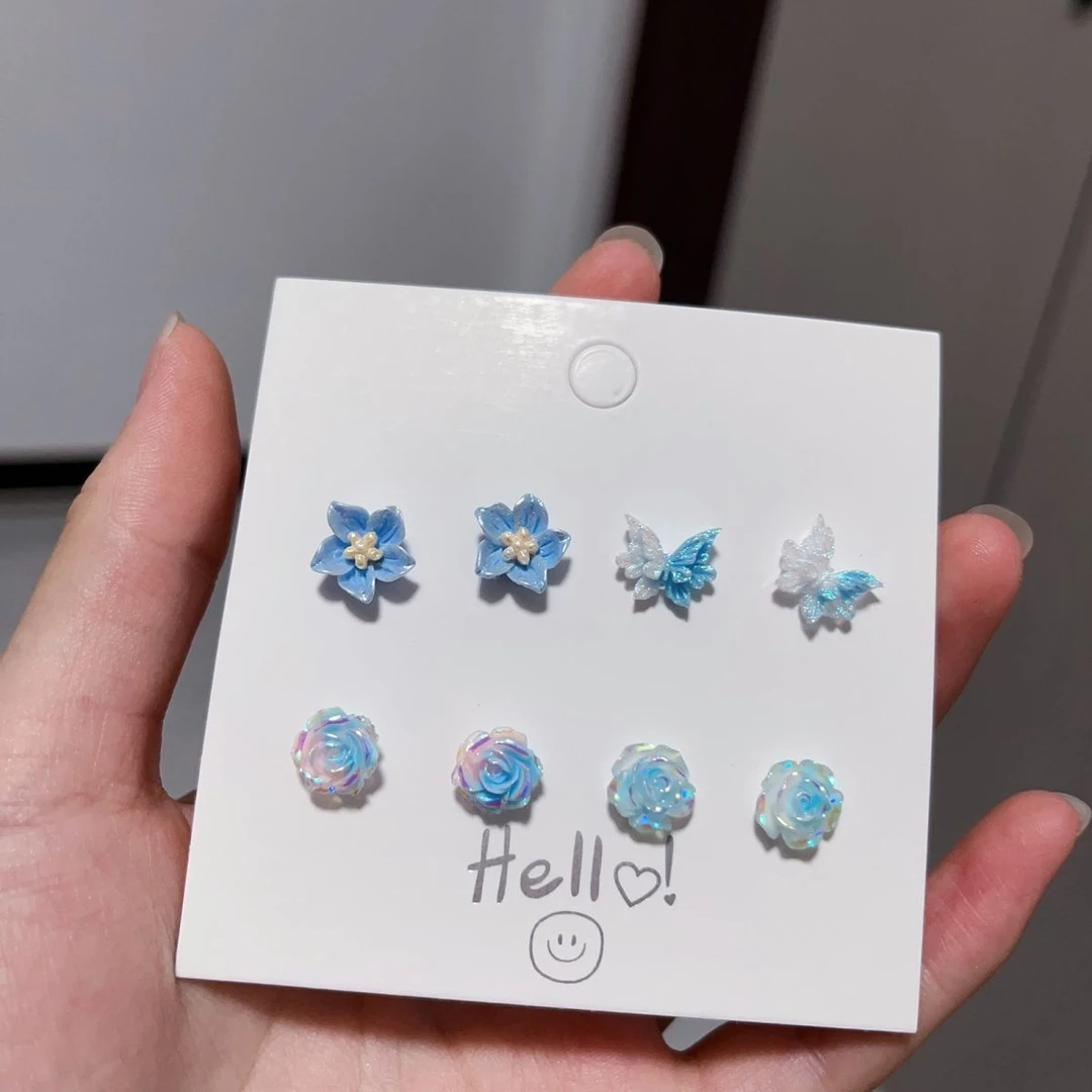 合金耳饰 耳钉抗过敏树脂山茶花高级感蓝透明耳针网红高端不掉色