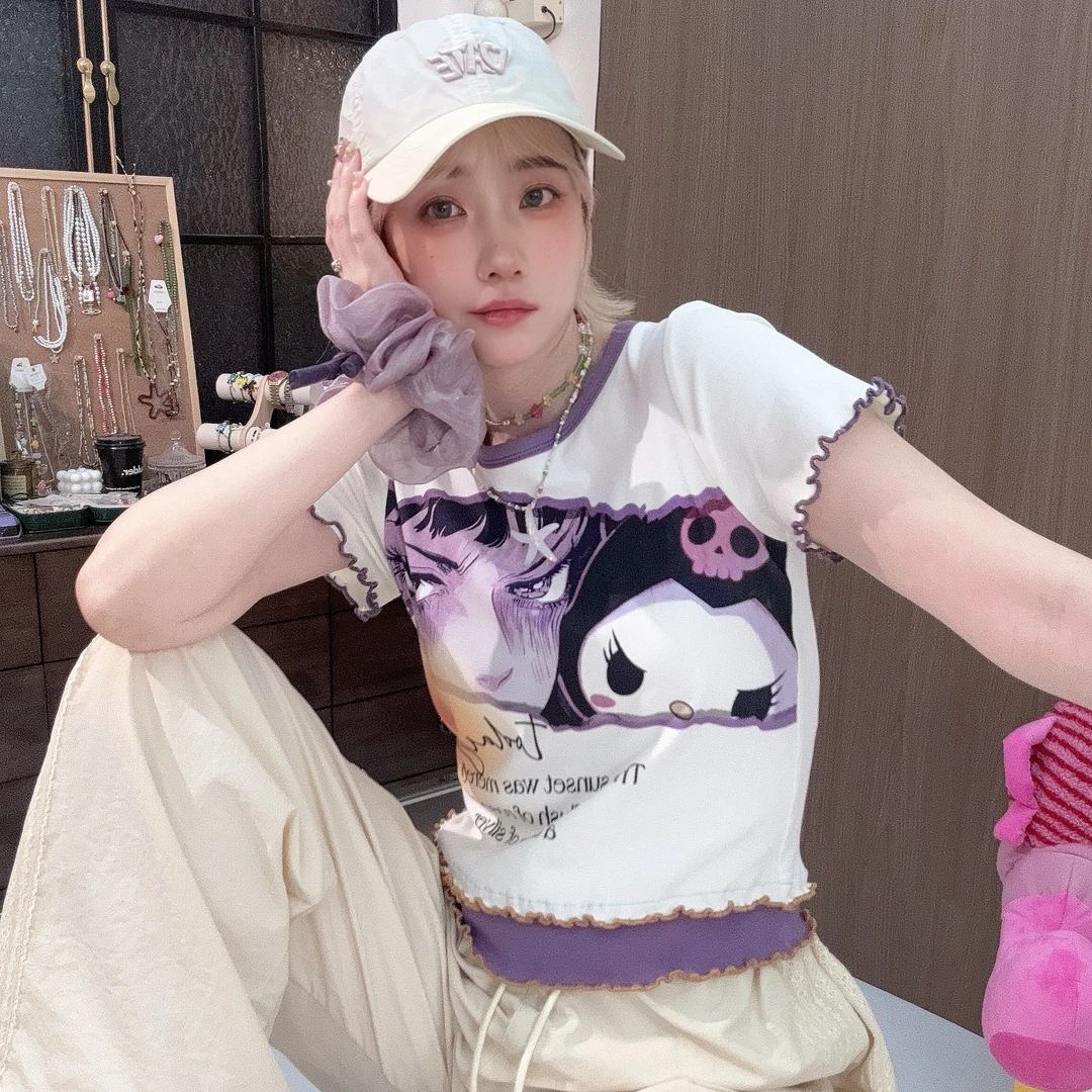 Apr.【富江酷米】百搭减龄数码印拼接波边显瘦正肩夏季T恤女25ST374