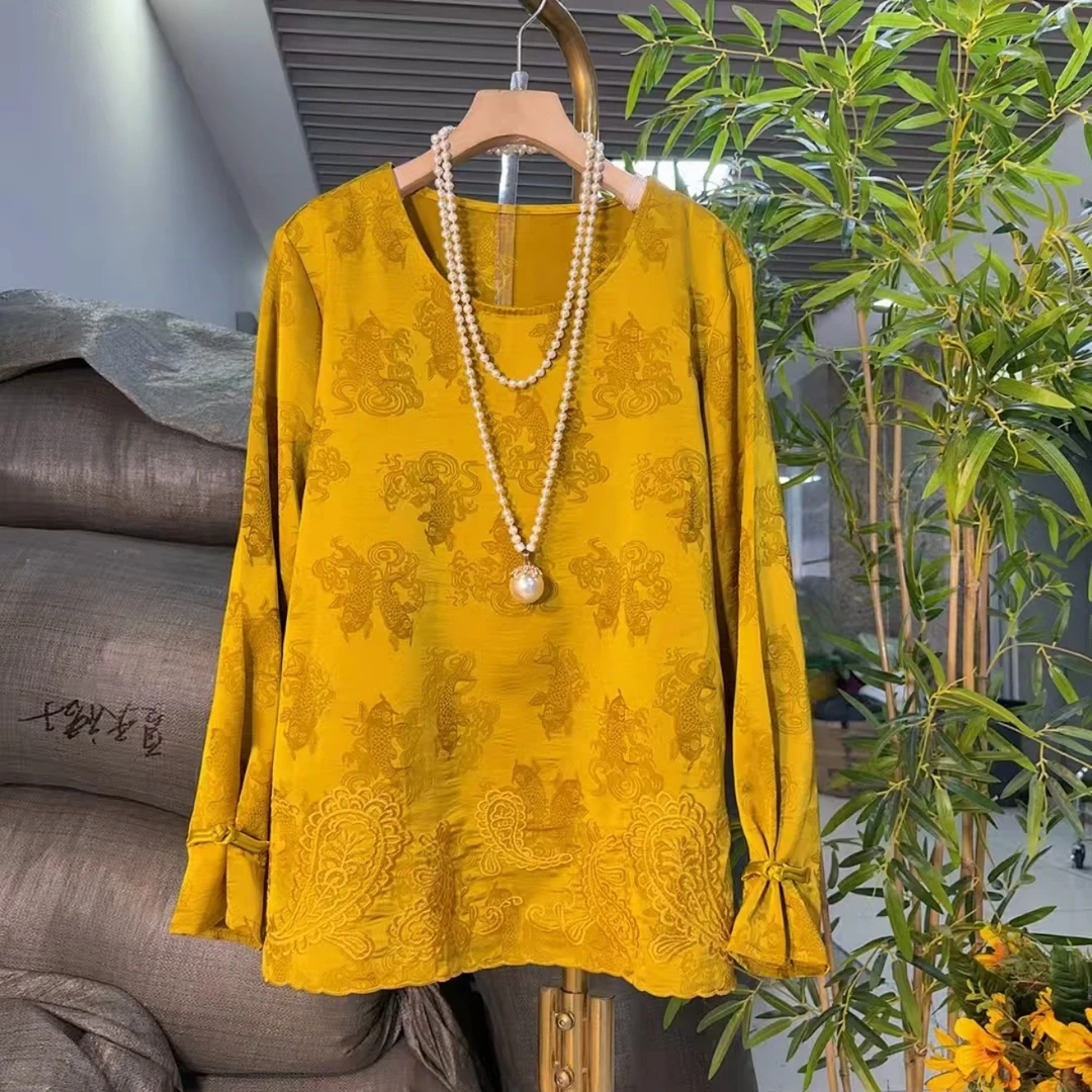 乐99025秋冬新款大码女装底边刺绣腰果花加绒锦鲤国风衫