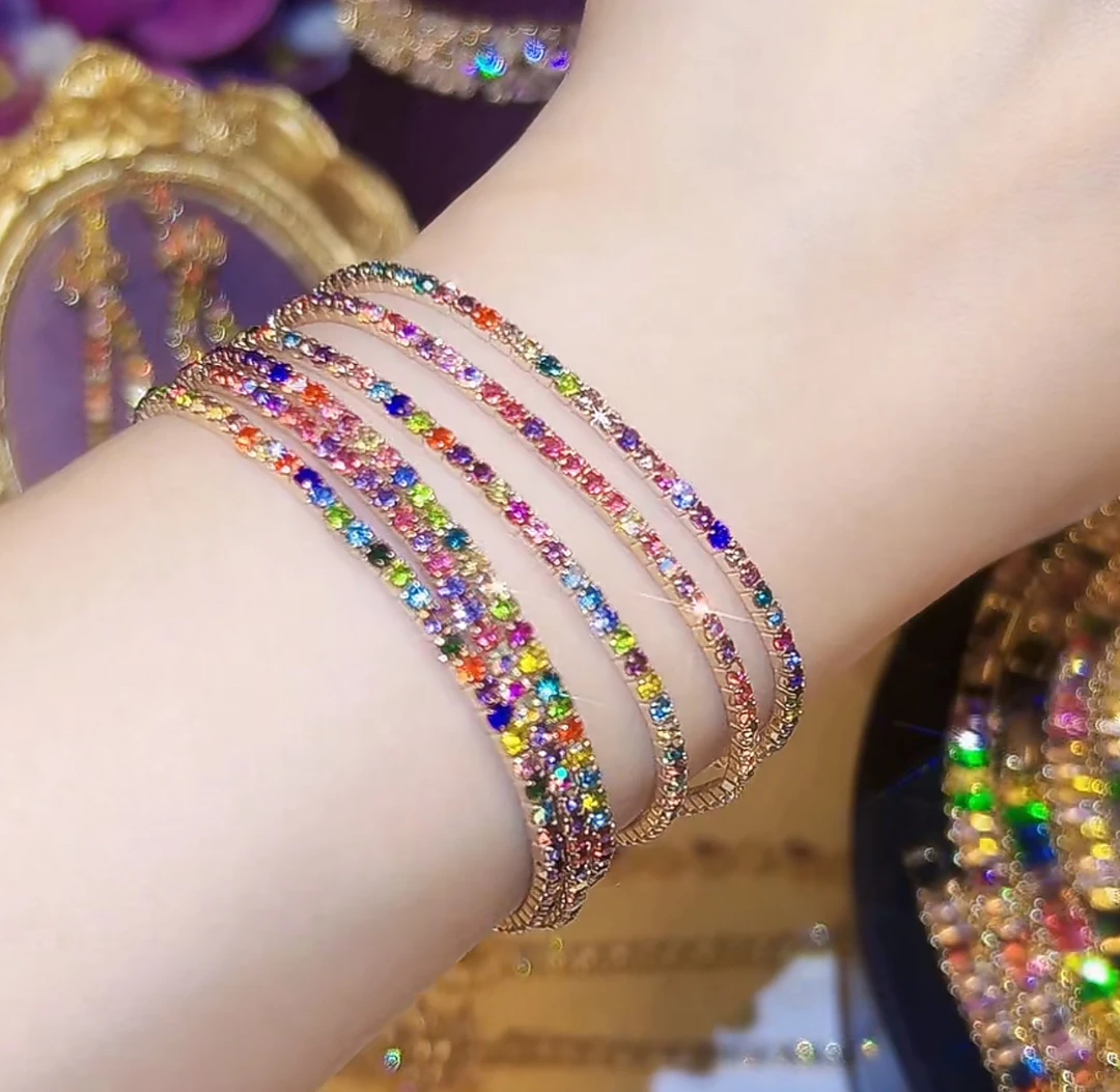 铜合金锆石手链 K688  欧美单排2mm弹力细手链镶嵌彩色锆石网球链