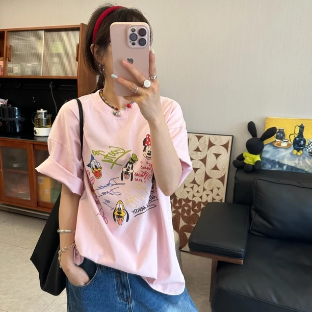 qiqi/琦琦推荐 韩版宽松大版oversize卡通头像图案印花短袖T恤